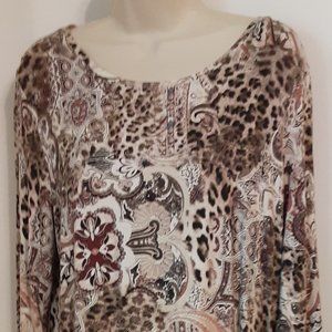 Chicos ¾ Sleeve Black Hem Top, Brown/Pink, Size 2, Large